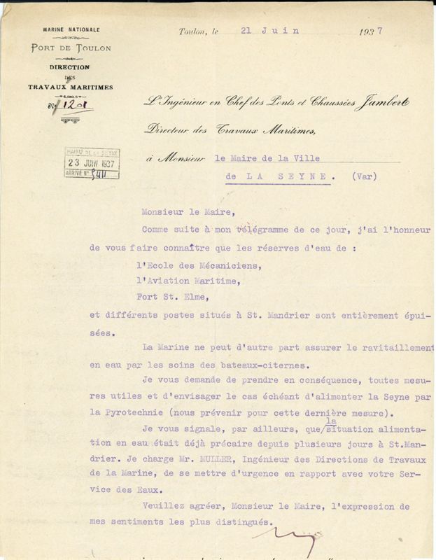 195W48 : Correspondance de la Direction des Travaux maritimes (21 juin 1937)