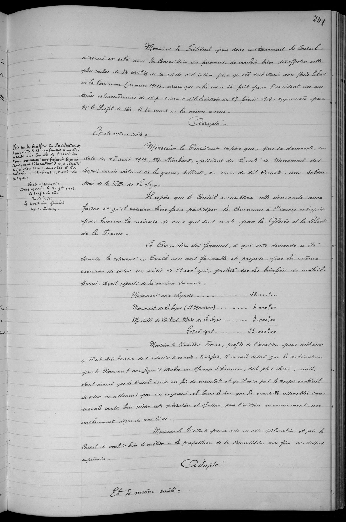 Délibération du 28 octobre 1919