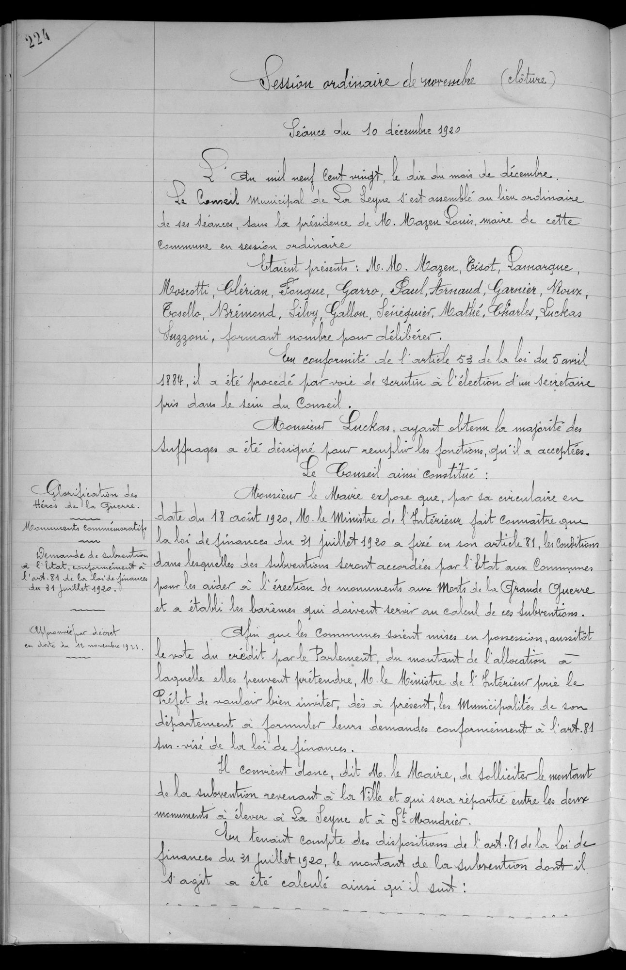 Délibération du 10 décembre 1920