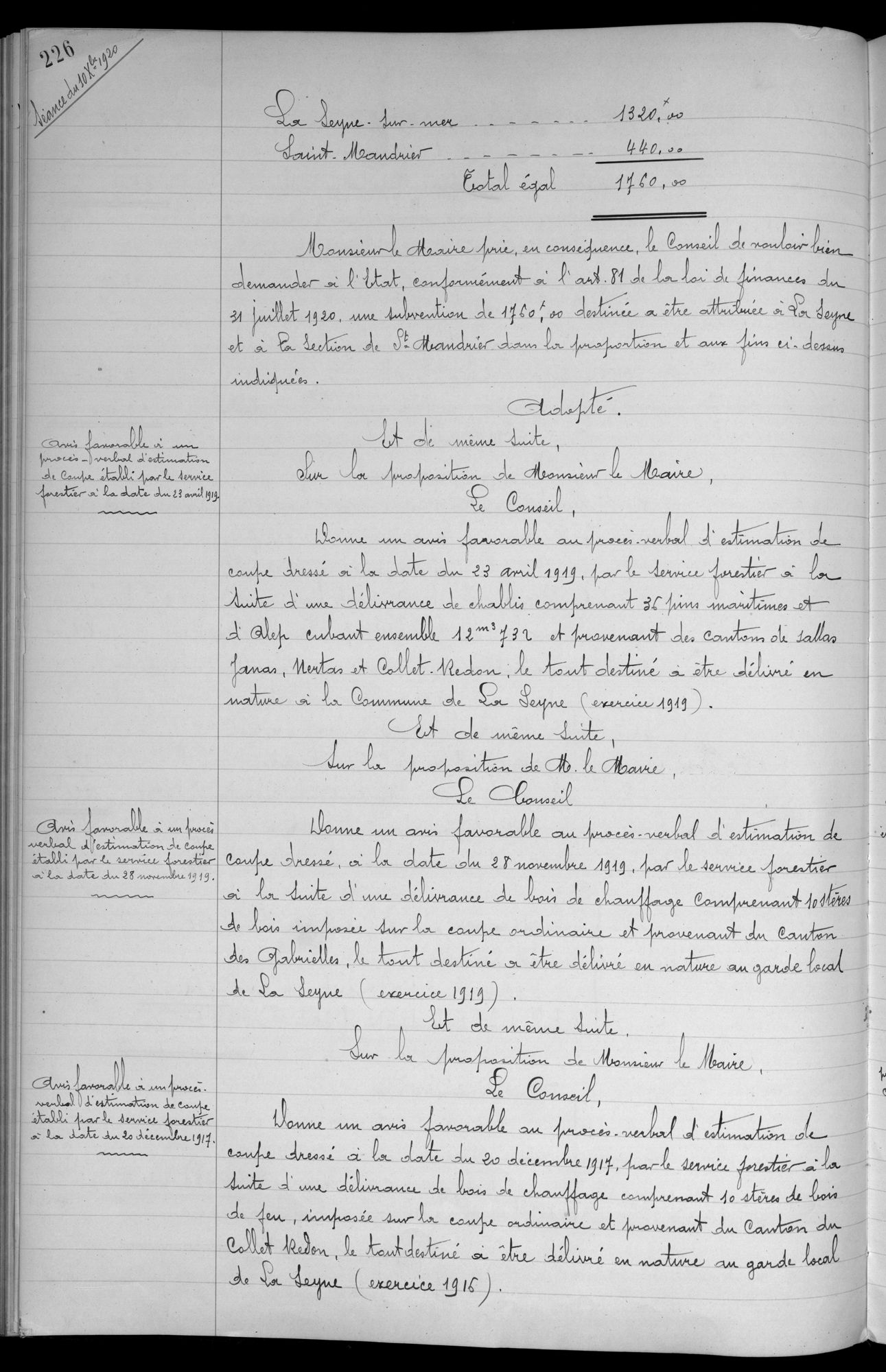 Délibération du 10 décembre 1920