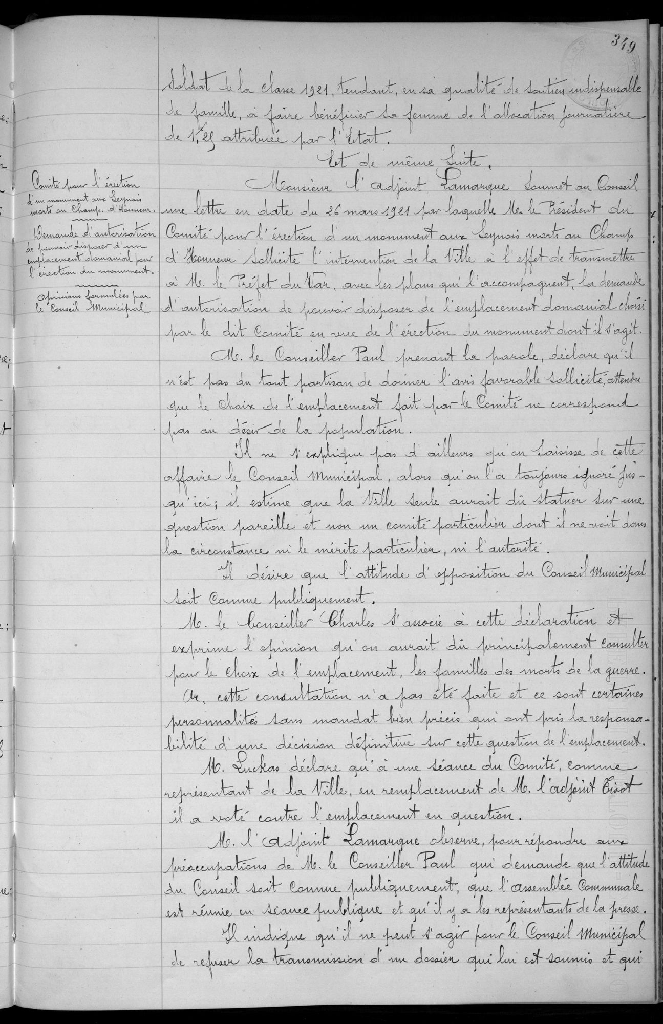 Délibération du 22 avril 1920