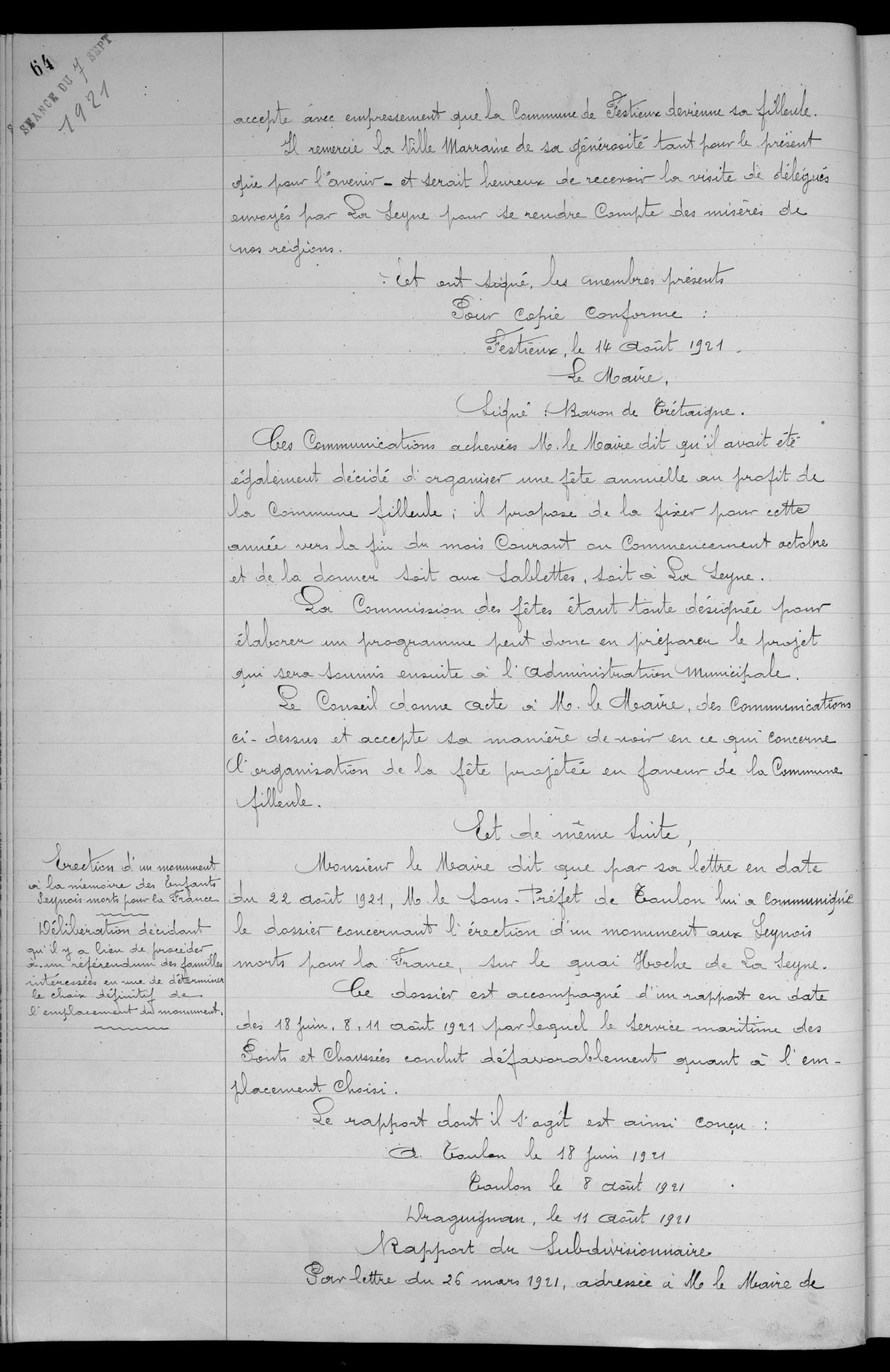 Délibération du 7 septembre 1921