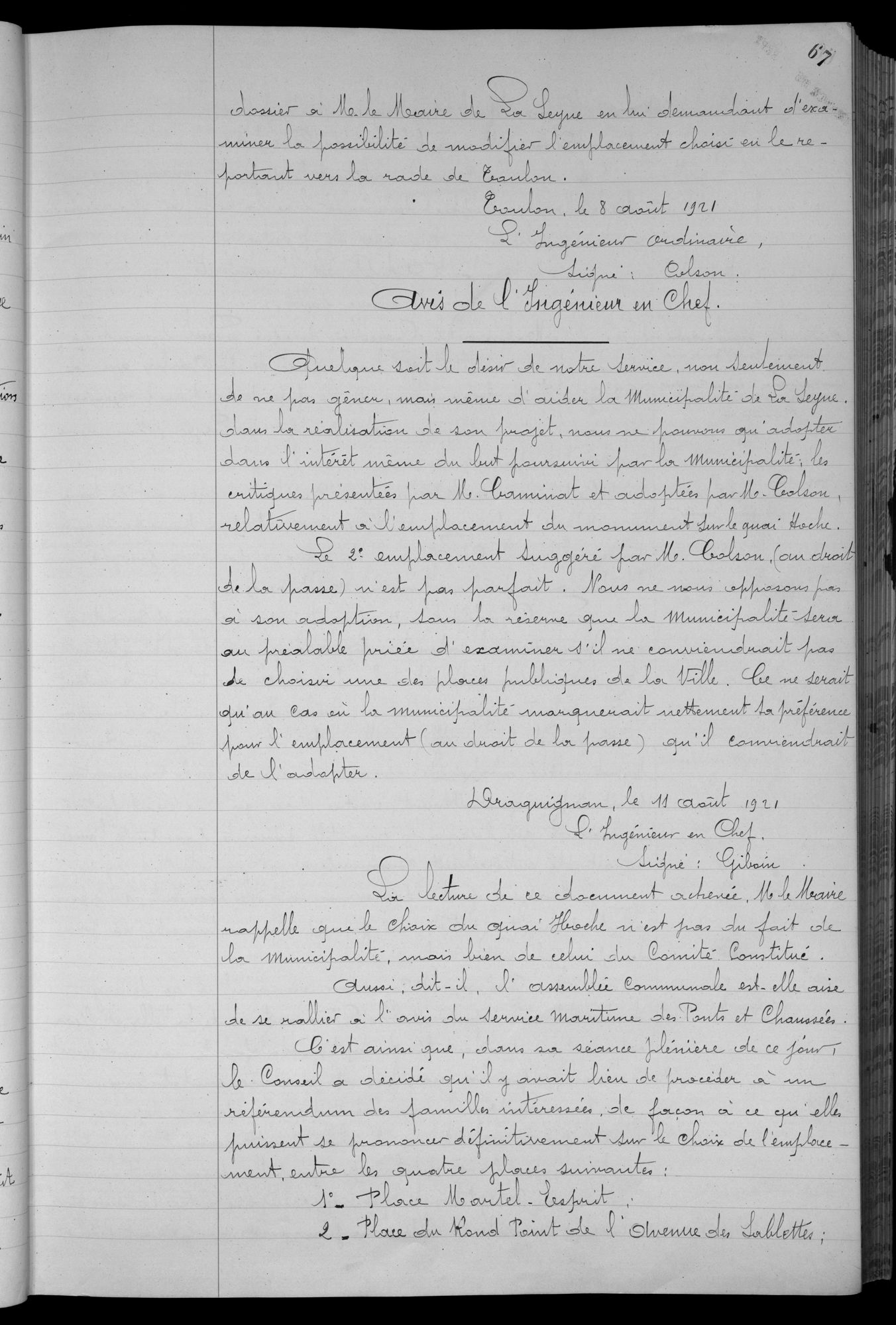 Délibération du 7 septembre 1921