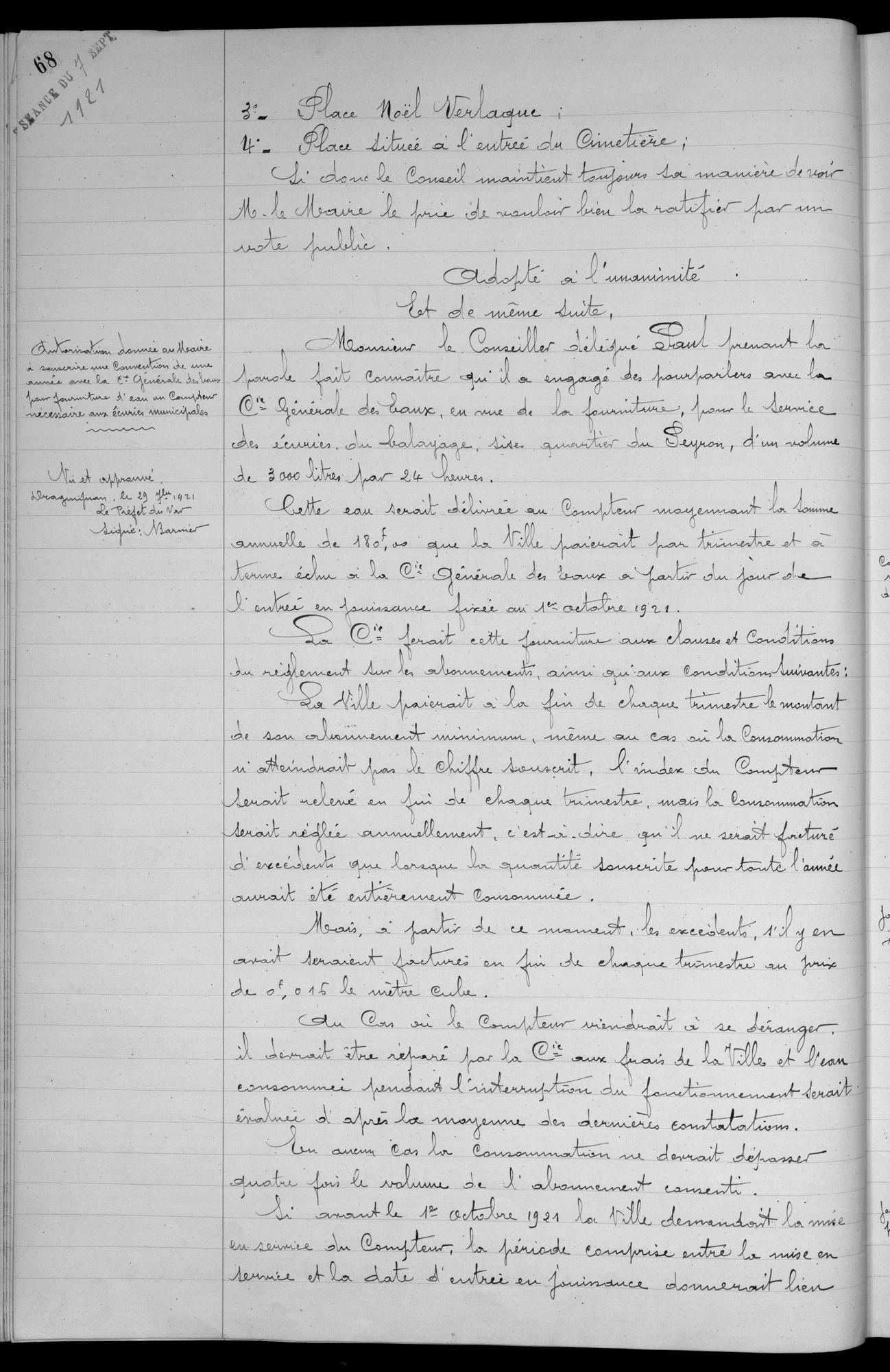 Délibération du 7 septembre 1921