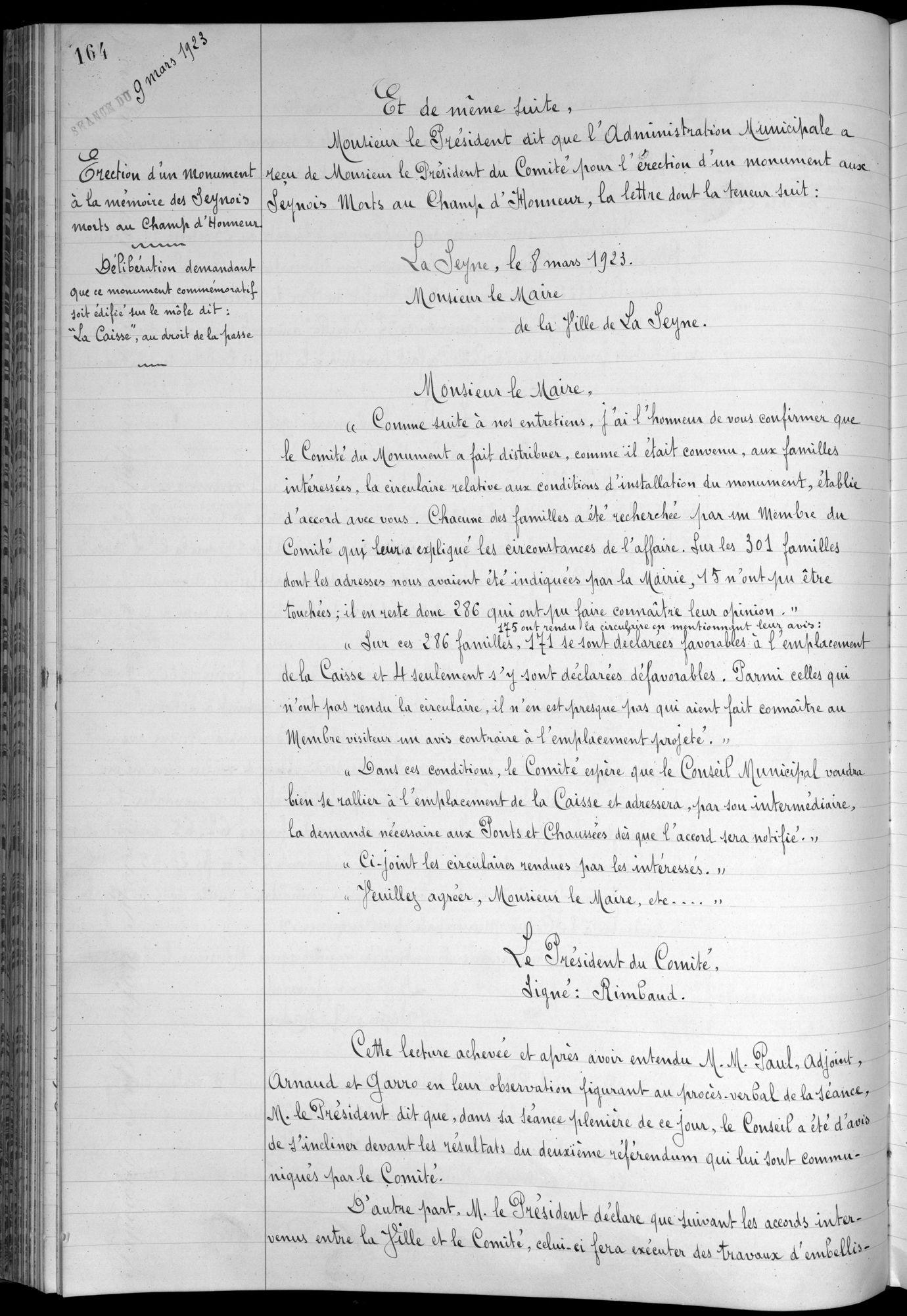 Délibération du 9 mars 1923