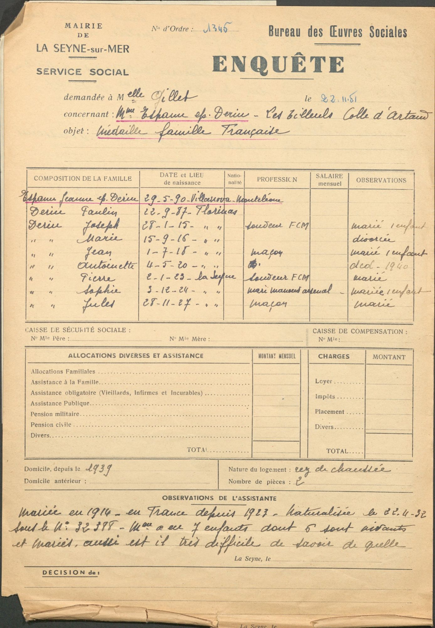 Enquête sociale SPANU épouse DERIU (3K3)