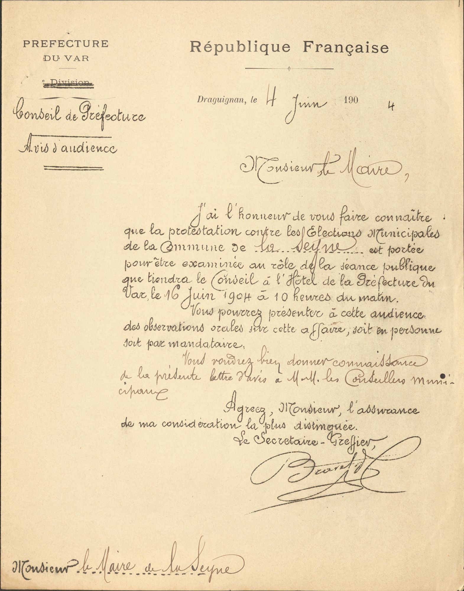 Invitation du maire au Conseil de Préfecture (1904)